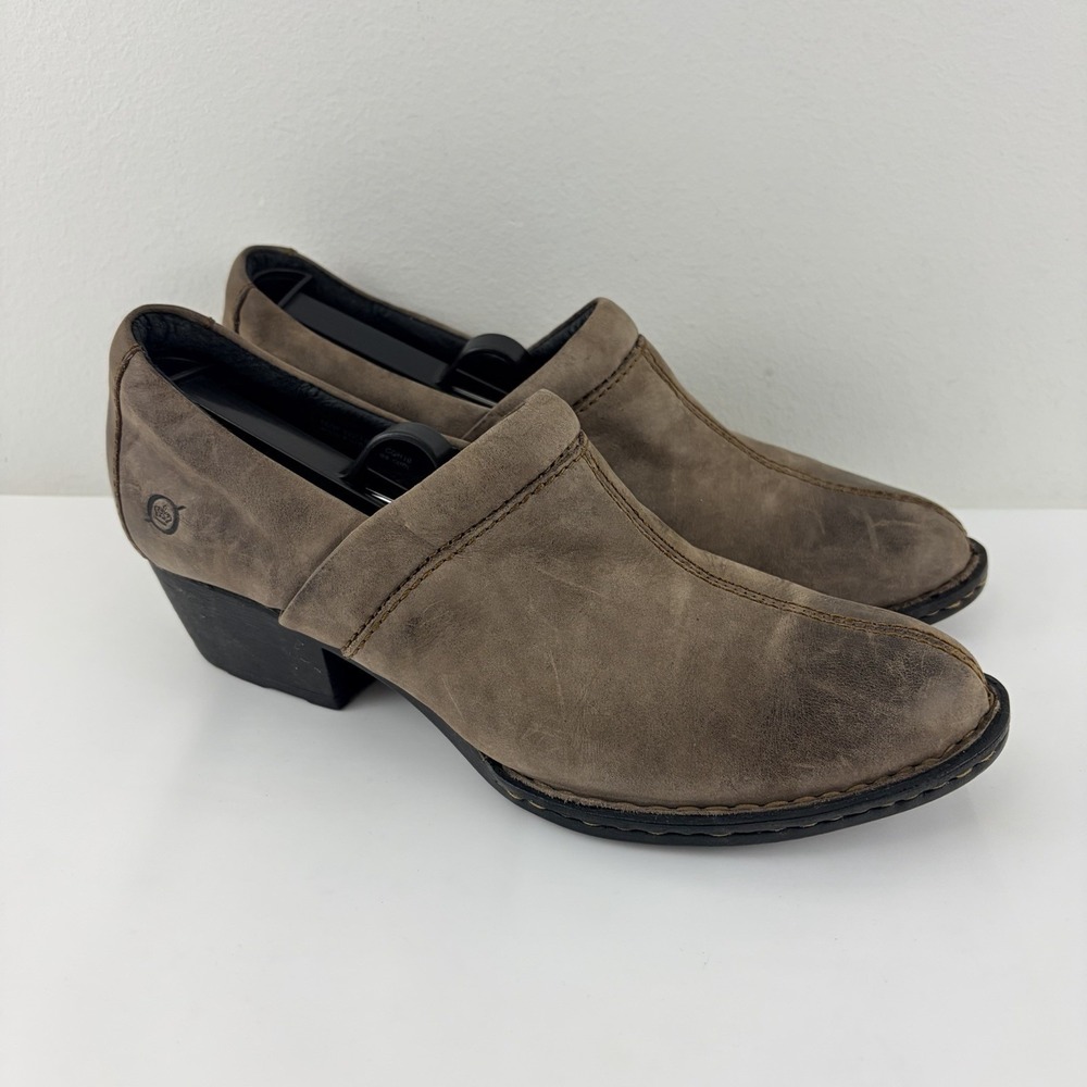 Born Como Brown Leather Slip On Heeled Shoes Womens 7.5 Comfort Loafers